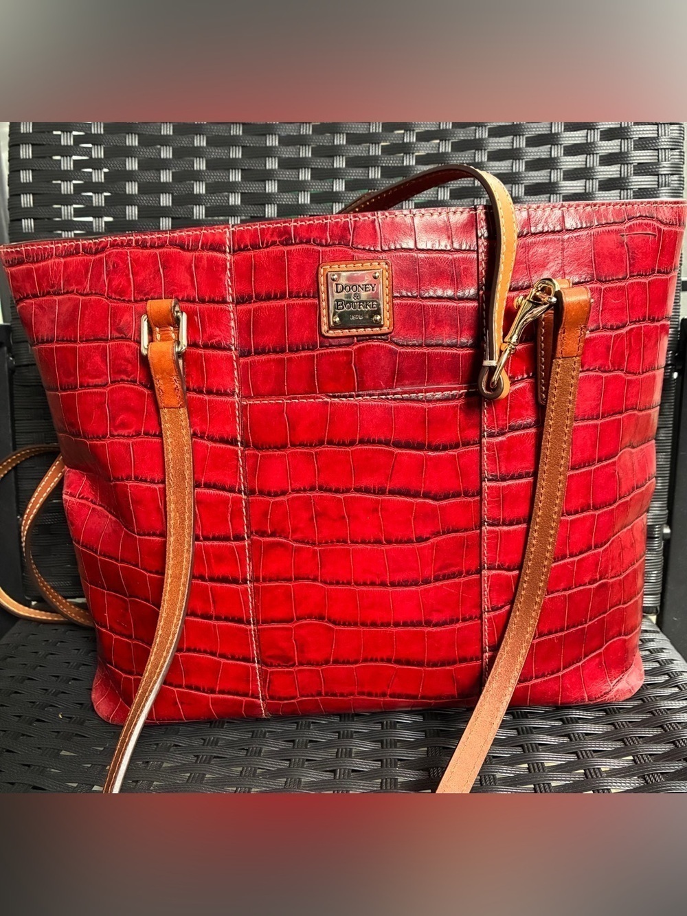 Dooney & Bourke Red Croc-Embossed Tote with Tan Straps - Picture 5 of 16